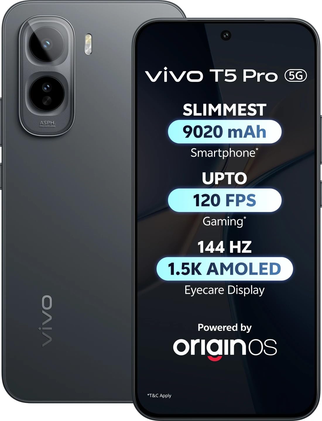 vivo T5 Pro 5G (Cosmic Black, 8GB RAM, 128GB Storage) | Snapdragon 7s Gen 4 | 50MP Camera | 9020mAh Battery | 6.83” FHD+ Display